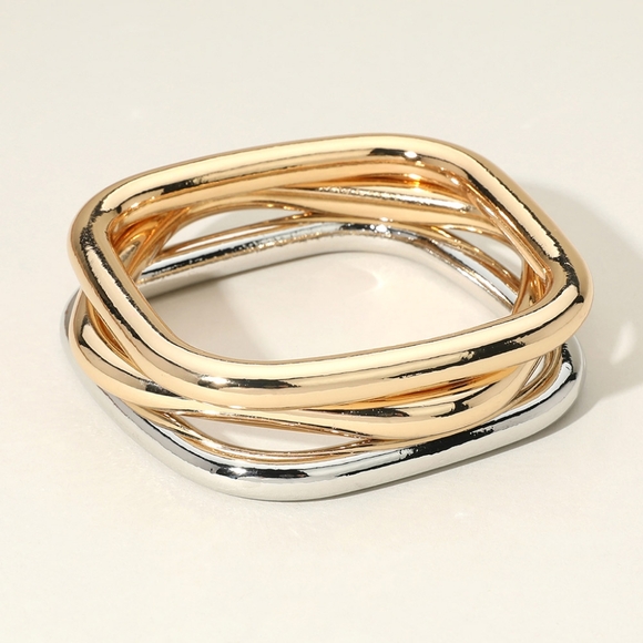 Two Tone 3 Piece Stack Square Metal Bangle Bracelets Set Layered Jewelry - Picture 1 of 4